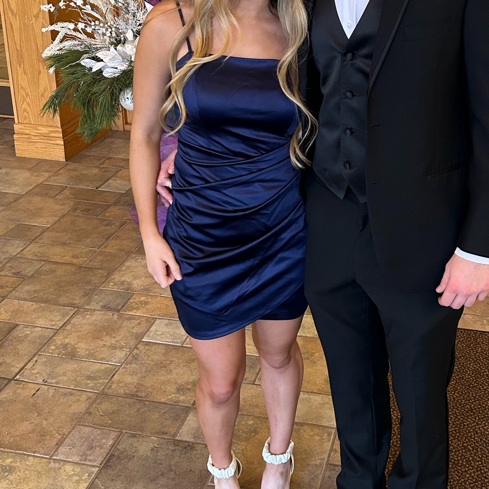 Blue Ruched Satin Spaghetti Strap Bodycon Mini Dress